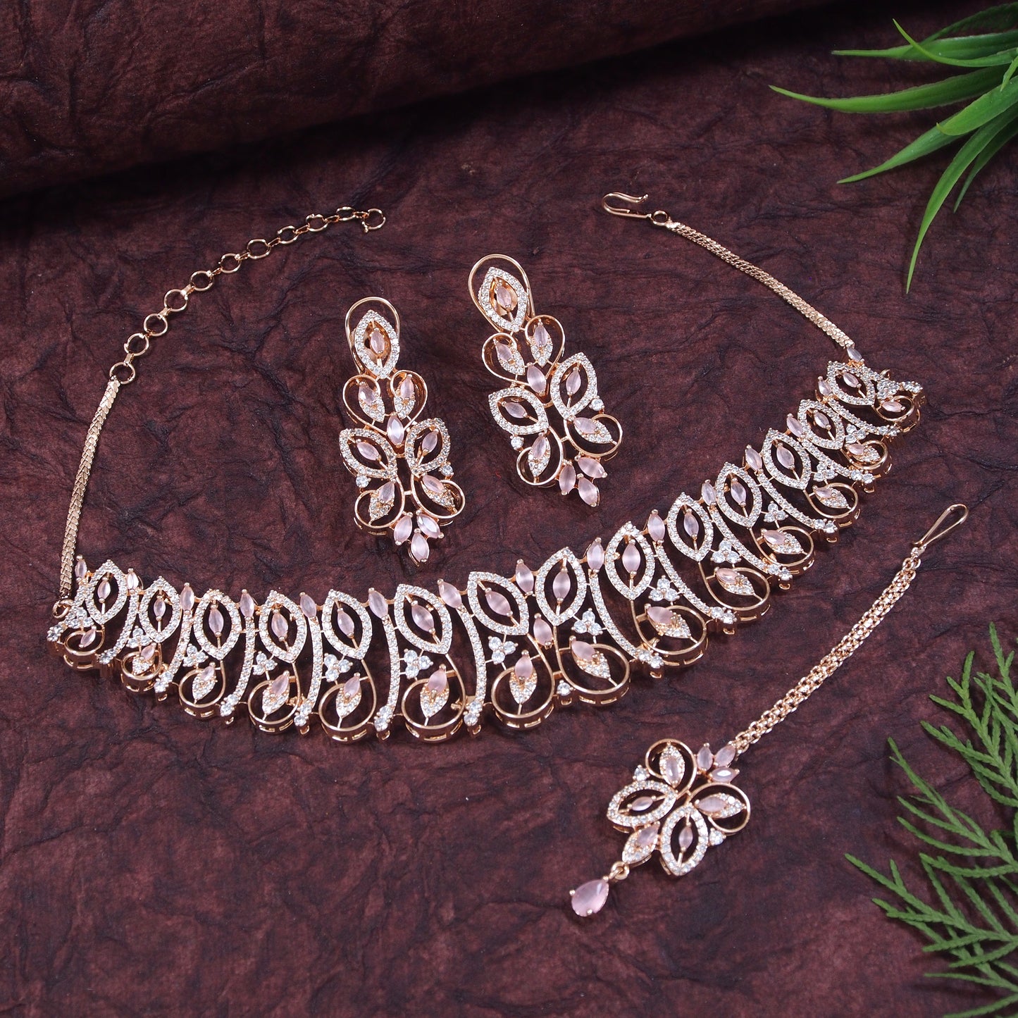 Zircon Rose Gold Brass Chokar Necklace