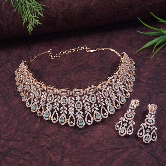 Zircon Rose Gold Mint Brass Chokar Necklace