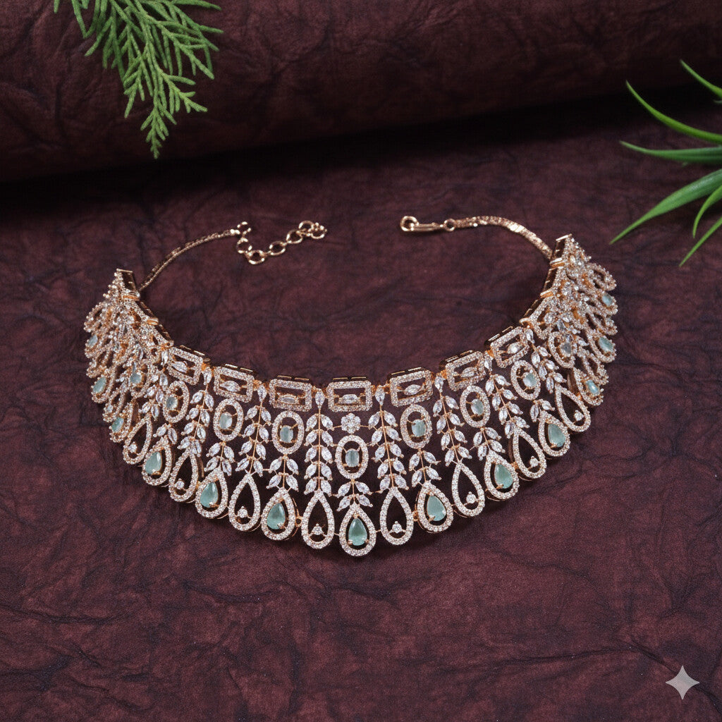 Zircon Rose Gold Mint Brass Chokar Necklace