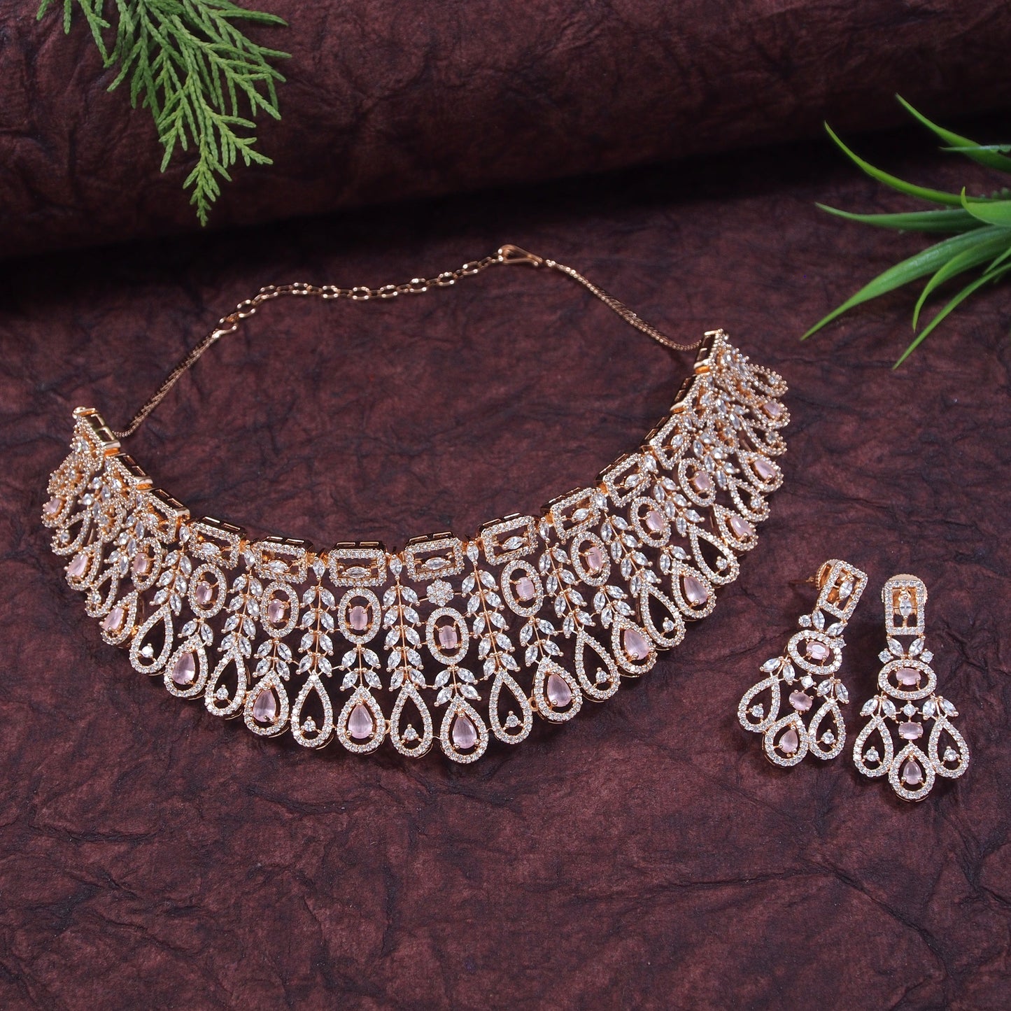 Zircon Rose Gold Pink Brass Chokar Necklace