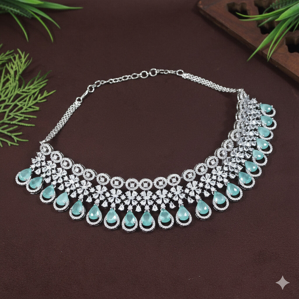 Zircon Mint Silver Brass Chokar Necklace