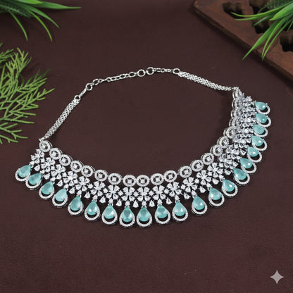 Zircon Mint Silver Brass Chokar Necklace