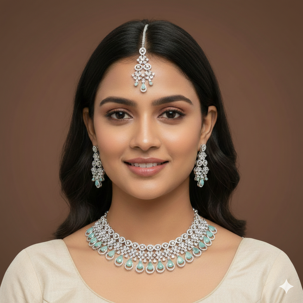 Zircon Mint Silver Brass Chokar Necklace