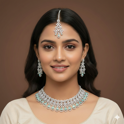 Zircon Mint Silver Brass Chokar Necklace