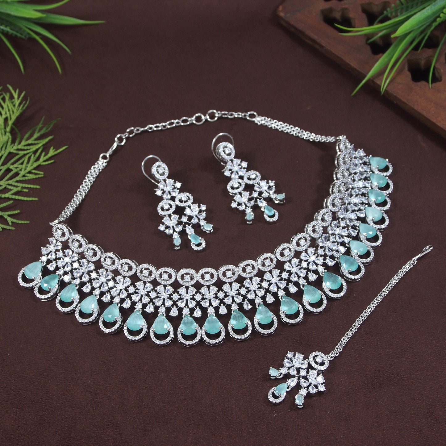 Zircon Mint Silver Brass Chokar Necklace