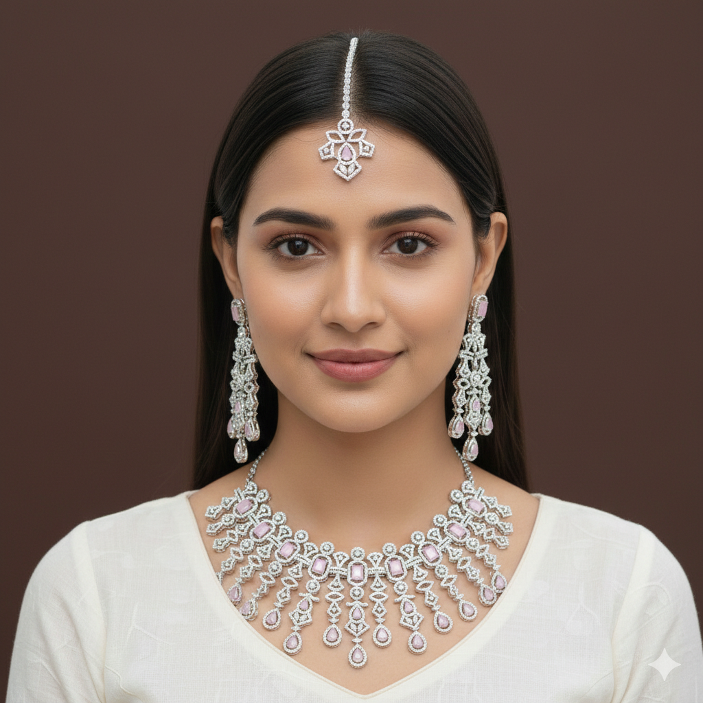 Zircon Pink Silver Brass Chokar Necklace