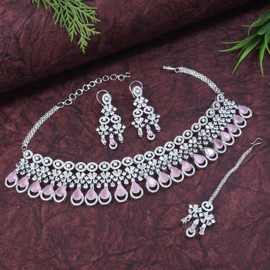 Zircon Pink Silver Brass Chokar Necklace