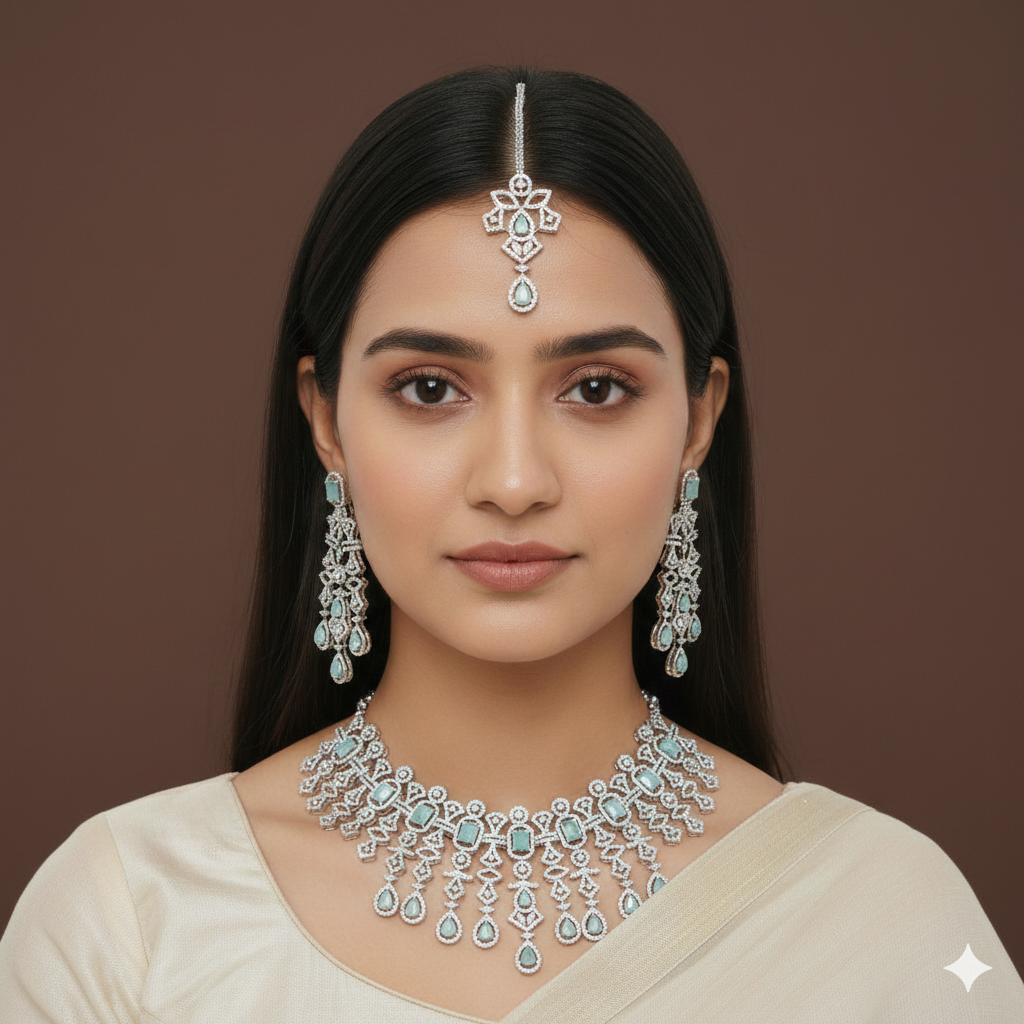 American Diamond Mint Zircon Silver Necklace Set