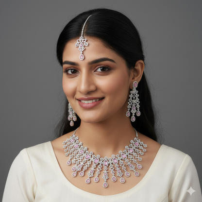 American Diamond Pink Zircon Silver Necklace Set