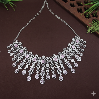American Diamond Pink Zircon Silver Necklace Set