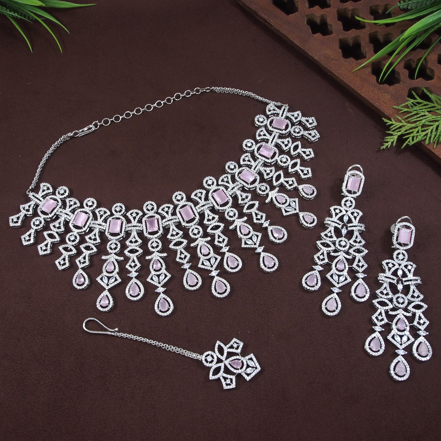 American Diamond Pink Zircon Silver Necklace Set