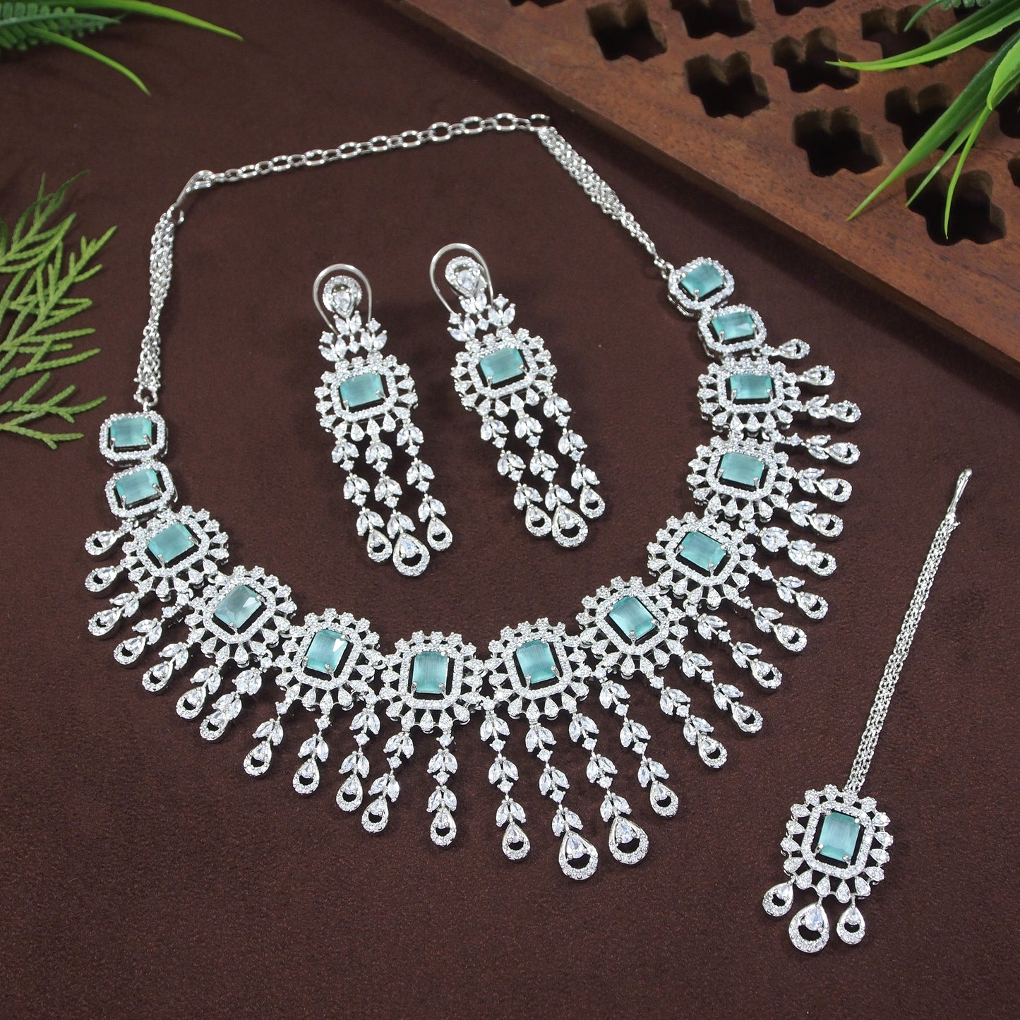 American Diamond Mint Zircon Silver Necklace Set