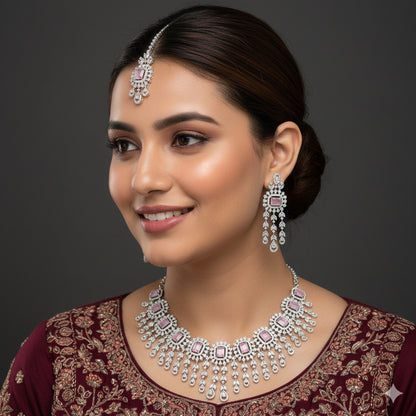American Diamond Pink Zircon Silver Necklace Set