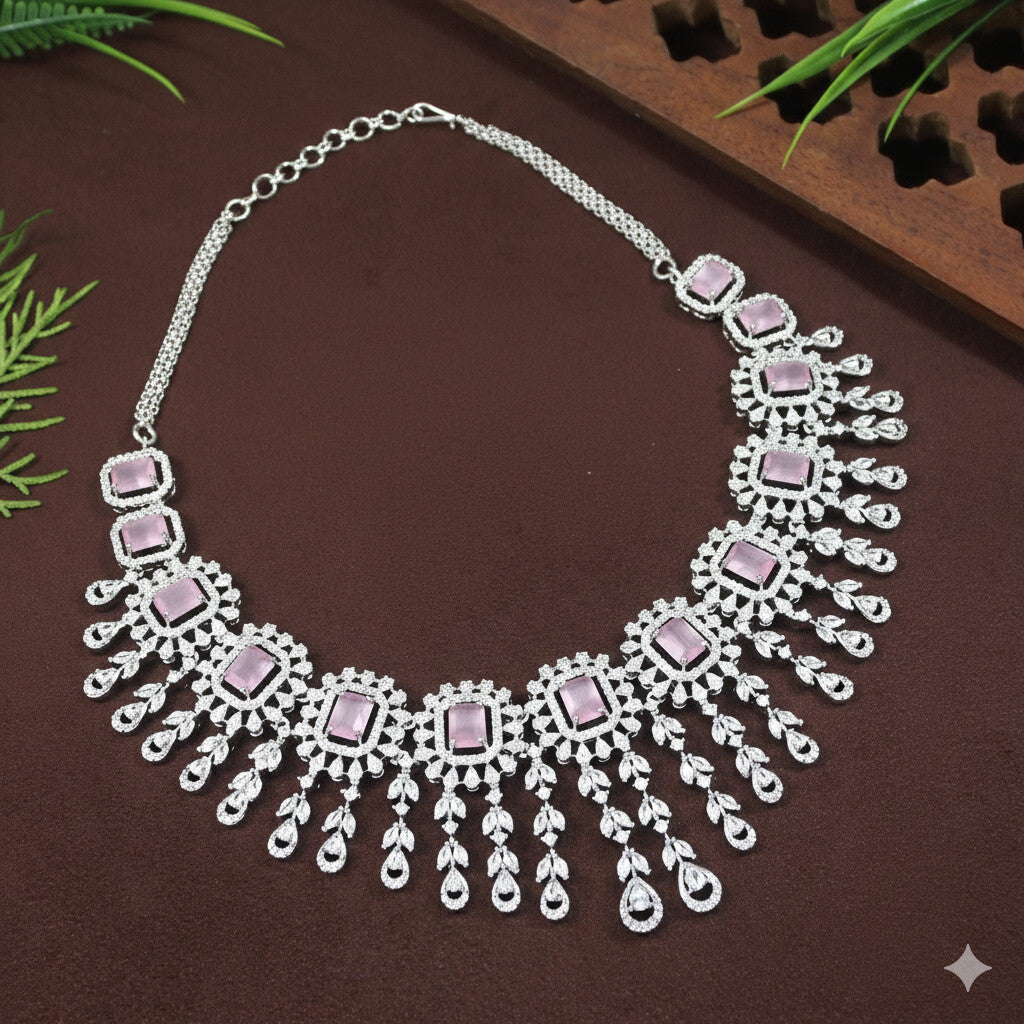 American Diamond Pink Zircon Silver Necklace Set