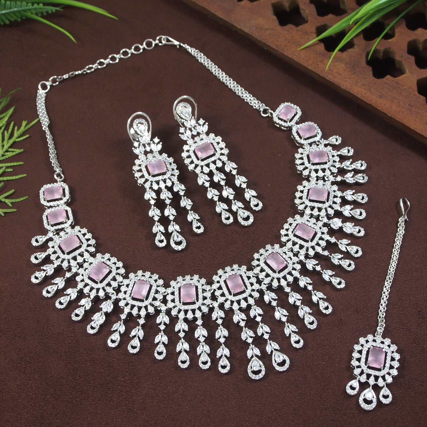 American Diamond Pink Zircon Silver Necklace Set