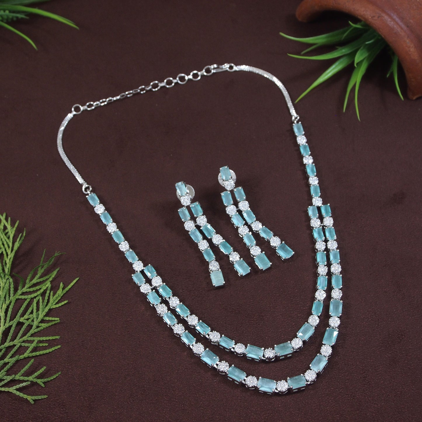 Two Layer Zircon Silver Necklace Set