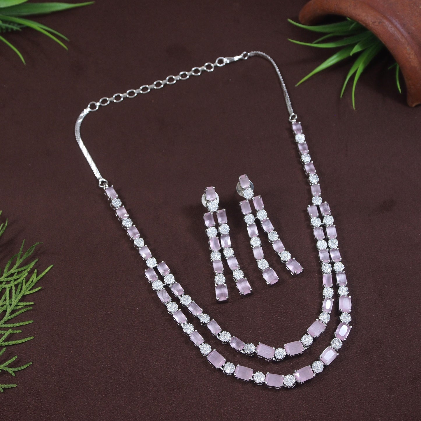 Two Layer Zircon Silver Necklace Set