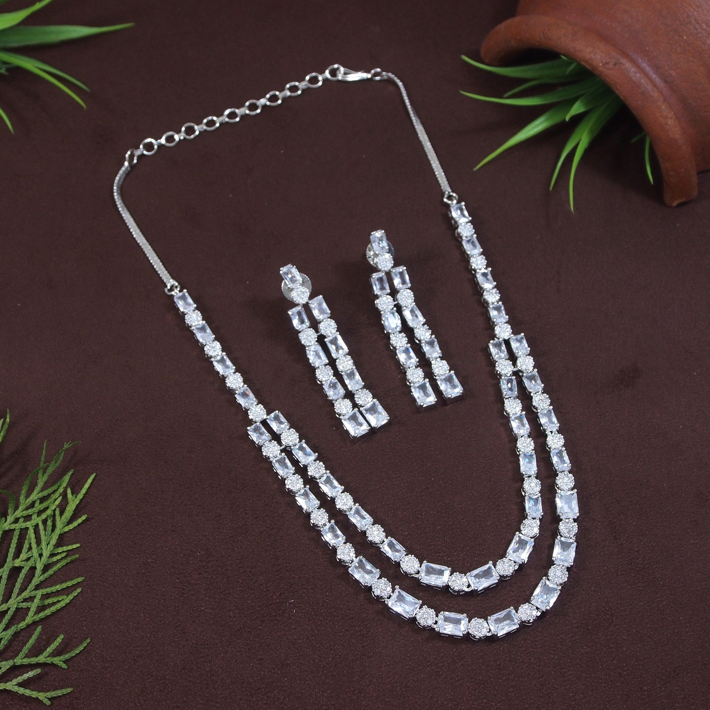 Two Layer Zircon Silver Necklace Set