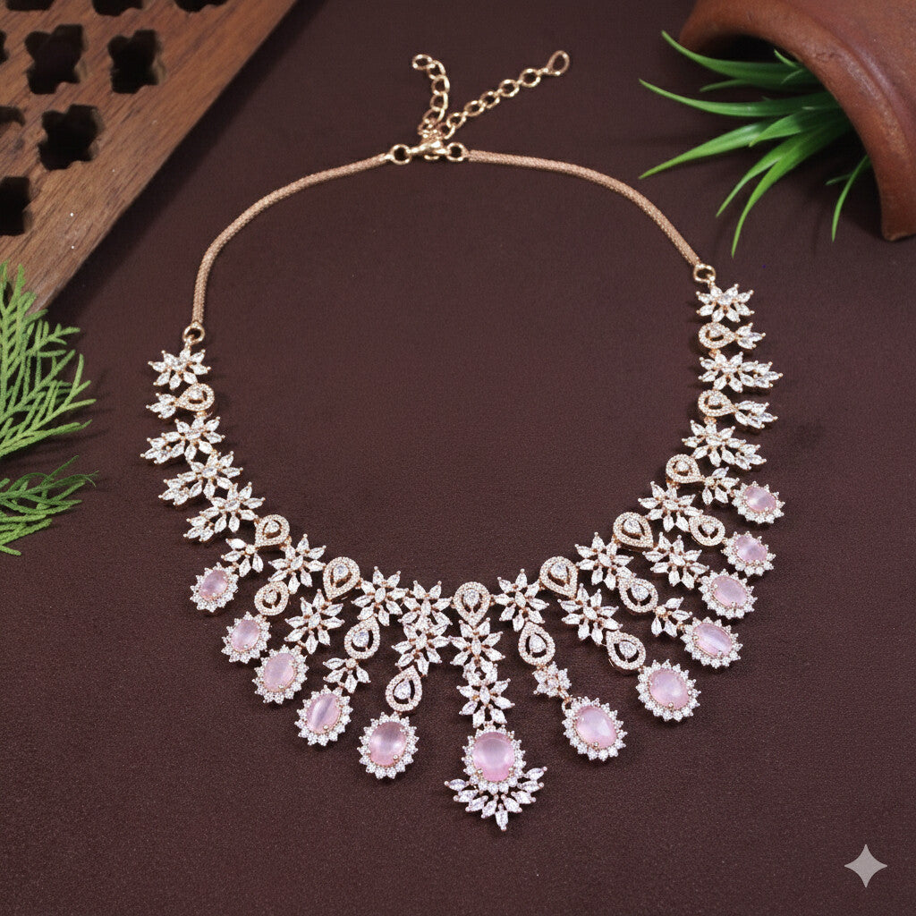 American Diamond Pink Zircon Rose Gold Necklace Set