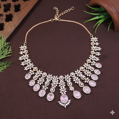American Diamond Pink Zircon Rose Gold Necklace Set