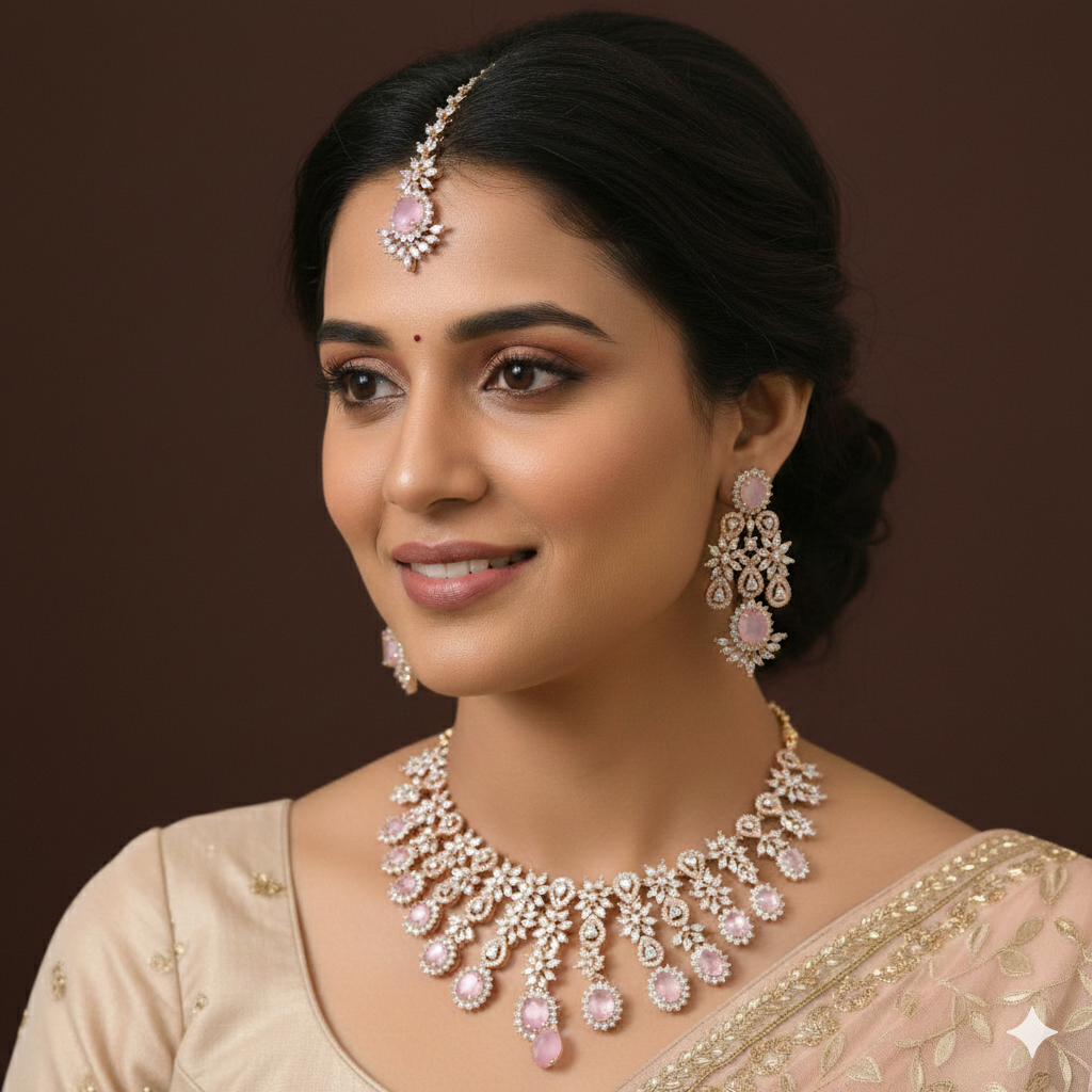 American Diamond Pink Zircon Rose Gold Necklace Set