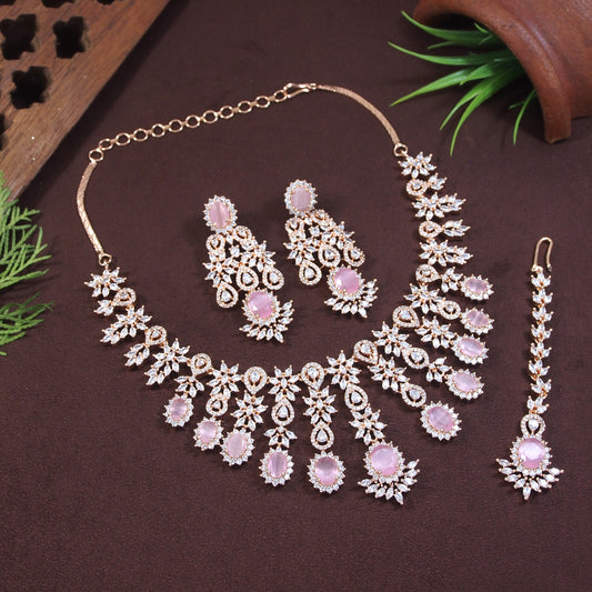 American Diamond Pink Zircon Rose Gold Necklace Set