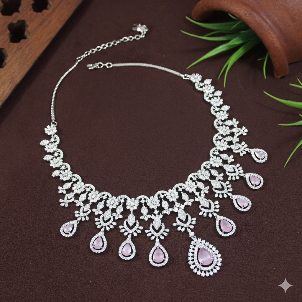 Zircon Pink Silver Necklace Set