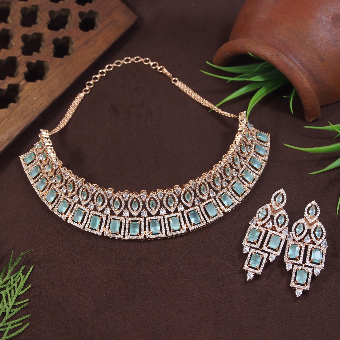 Zircon Mint Rose Gold Necklace Set