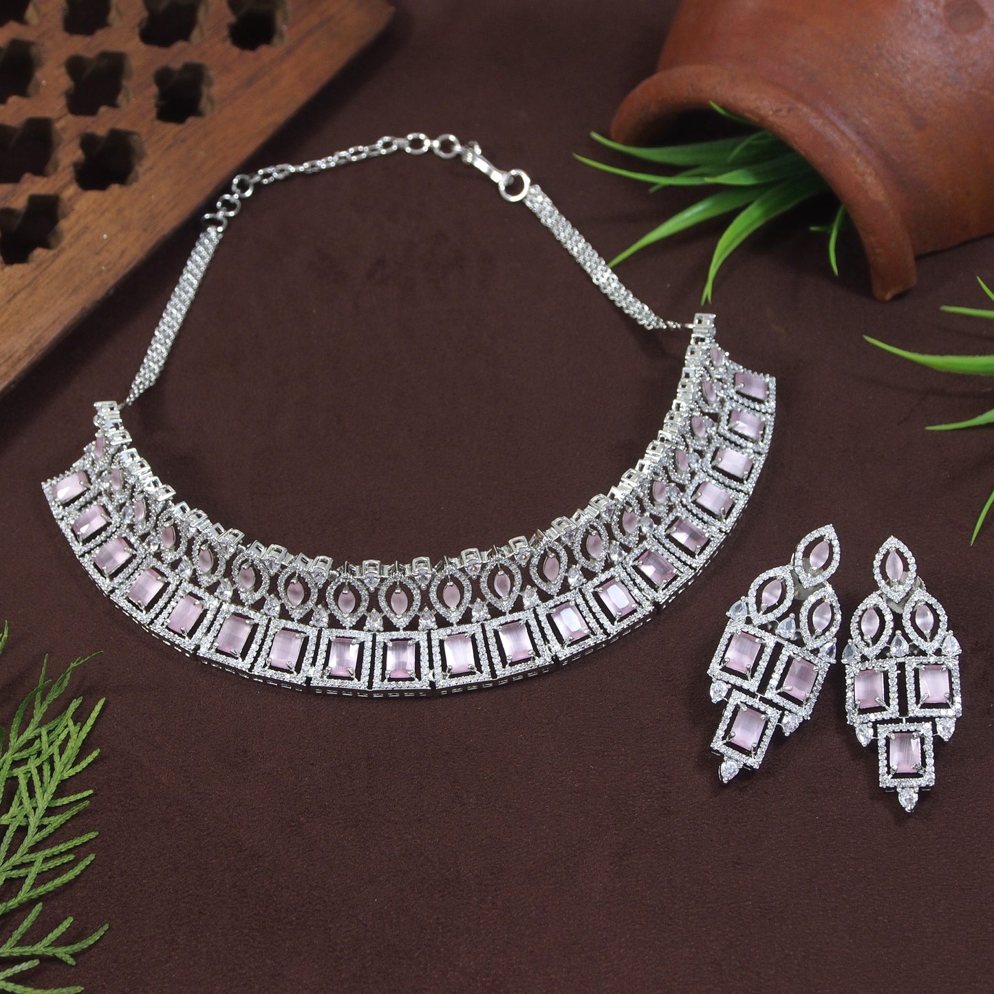 Zircon Mint/Pink Silver Necklace Set