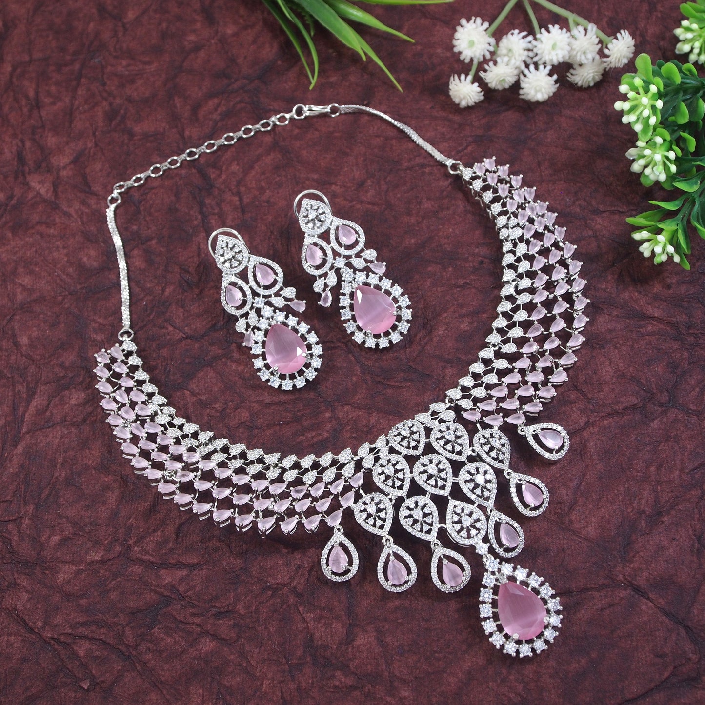 Zircon Pink Silver Necklace Set