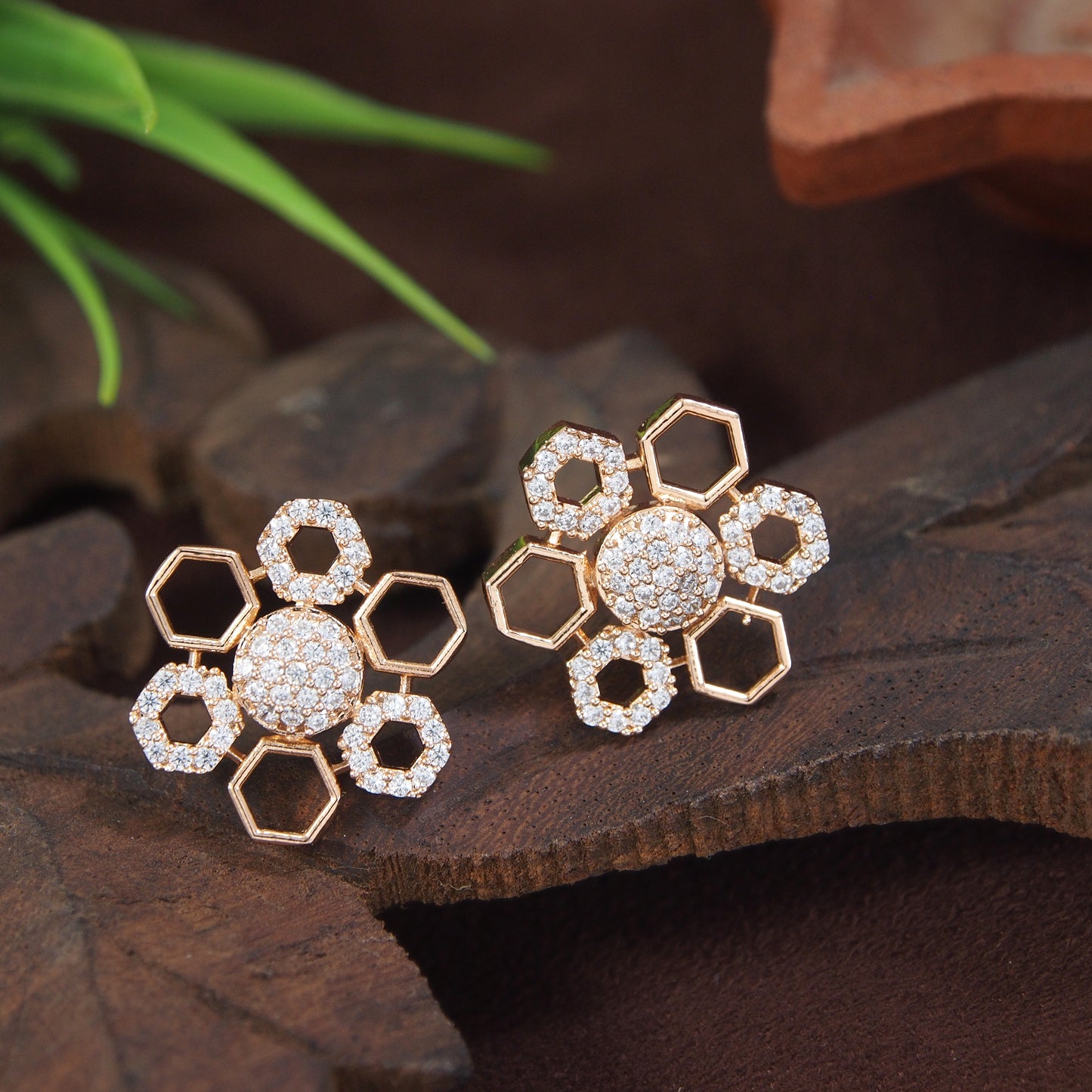 AD Rose Gold Hexagon Flower Studs