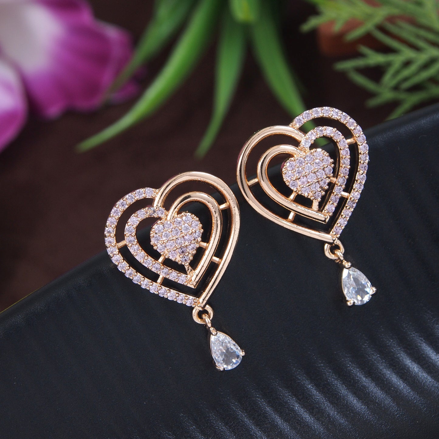 Zircon AD Rose Gold Heart Earrings