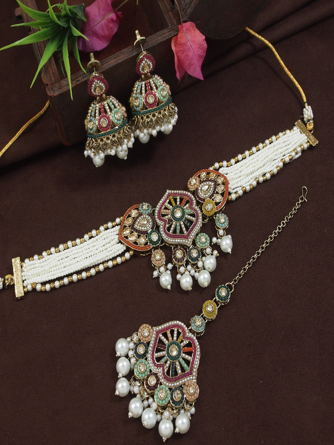 Royal Multicolor Kundan Pearl Choker Set with Jhumka Earrings & Maang Tikka