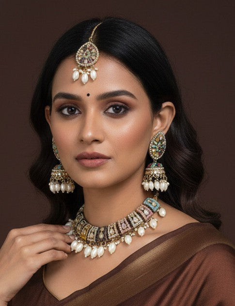 Orna Royal Multicolor Kundan Choker Set with Pearl Drops, Jhumka Earrings & Maang Tikka