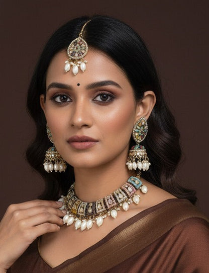 Orna Royal Multicolor Kundan Choker Set with Pearl Drops, Jhumka Earrings & Maang Tikka