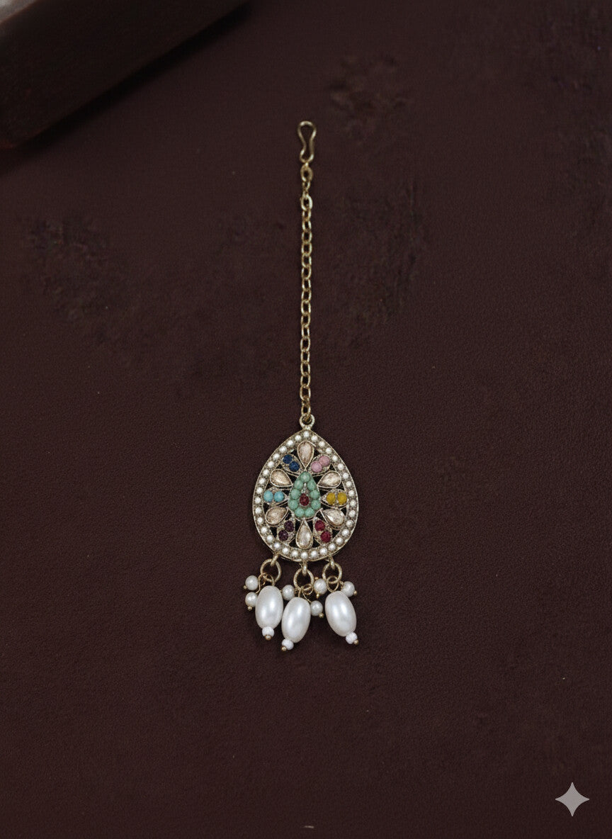 Orna Royal Multicolor Kundan Choker Set with Pearl Drops, Jhumka Earrings & Maang Tikka