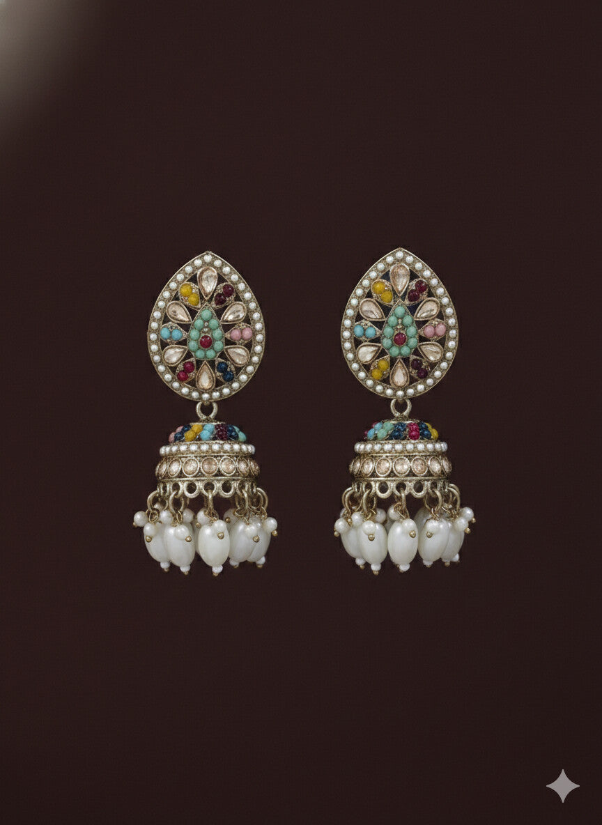 Orna Royal Multicolor Kundan Choker Set with Pearl Drops, Jhumka Earrings & Maang Tikka