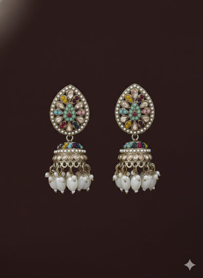 Orna Royal Multicolor Kundan Choker Set with Pearl Drops, Jhumka Earrings & Maang Tikka