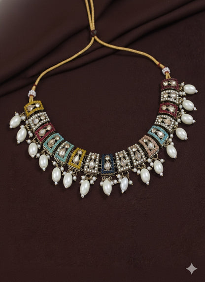 Orna Royal Multicolor Kundan Choker Set with Pearl Drops, Jhumka Earrings & Maang Tikka