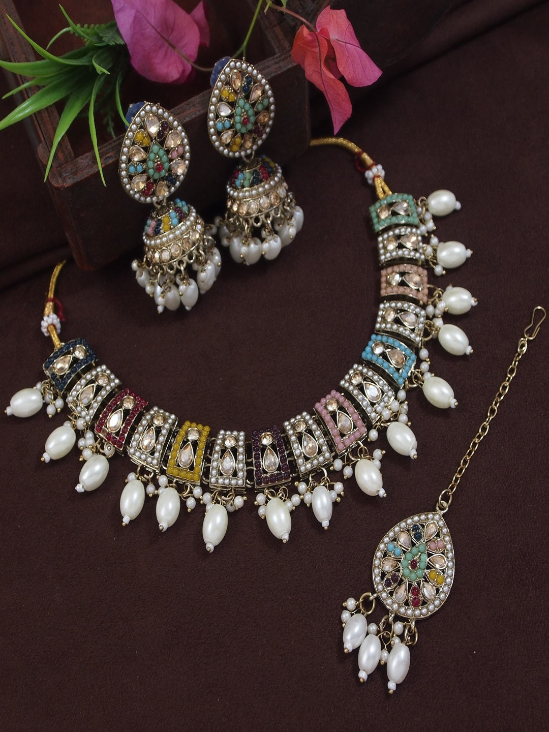 Orna Royal Multicolor Kundan Choker Set with Pearl Drops, Jhumka Earrings & Maang Tikka