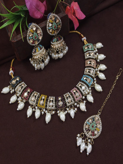 Orna Royal Multicolor Kundan Choker Set with Pearl Drops, Jhumka Earrings & Maang Tikka