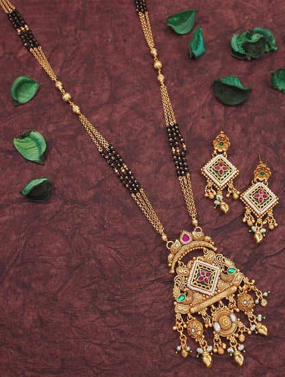 Ethnic Designer Gold Plated Black Bead Mangalsutra Set with Ruby & Emerald Coloured Stones
