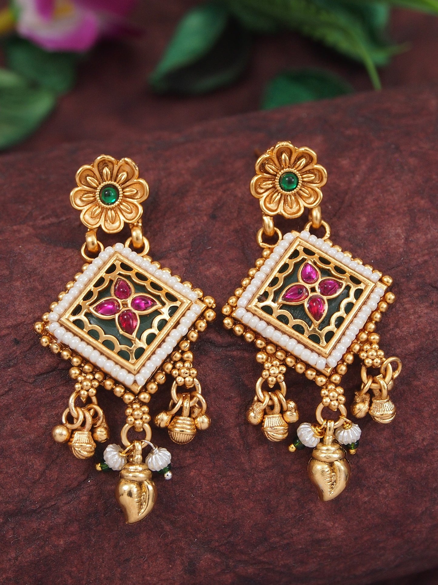 Ethnic Designer Gold Plated Black Bead Mangalsutra Set with Ruby & Emerald Coloured Stones