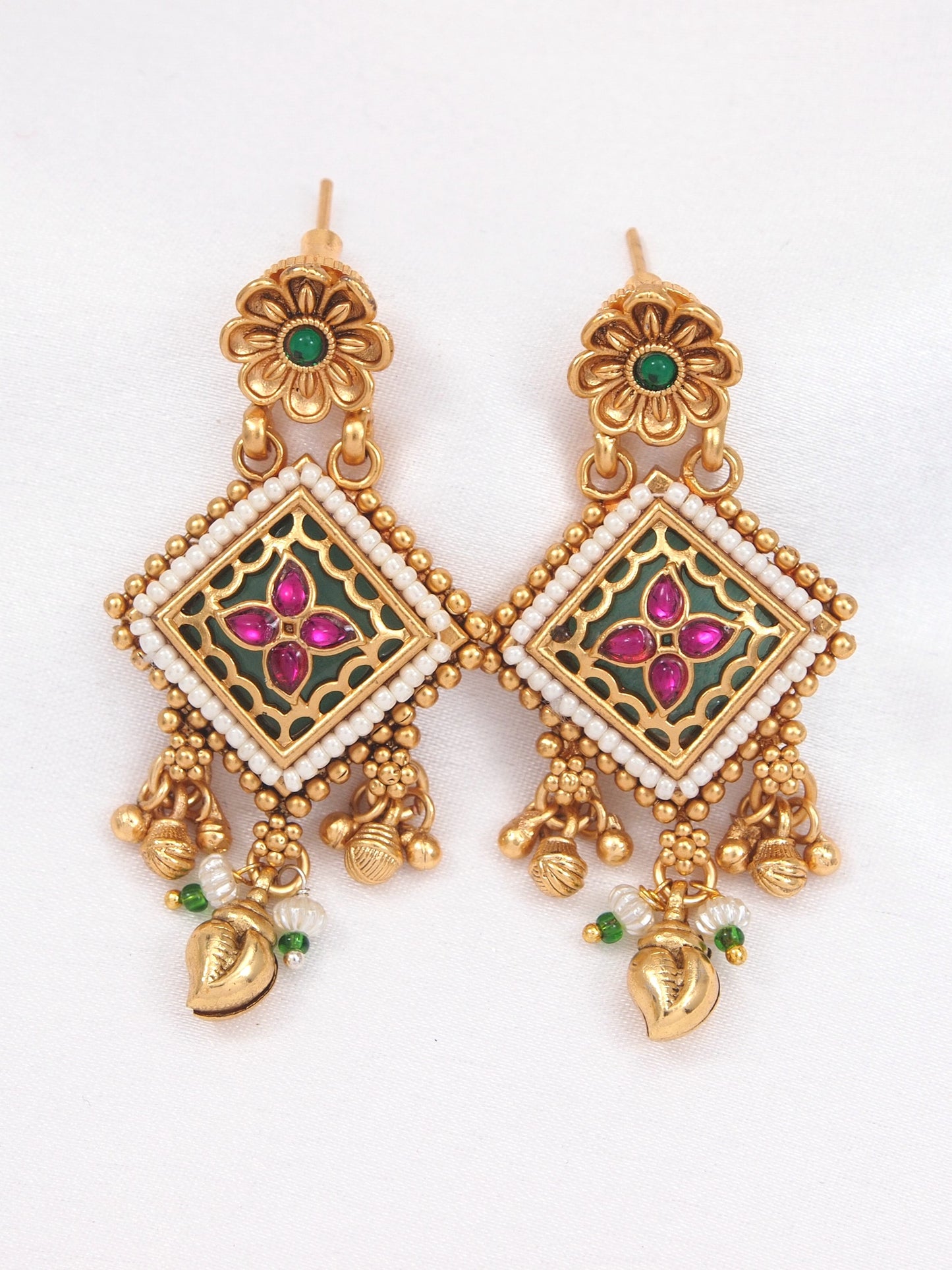 Ethnic Designer Gold Plated Black Bead Mangalsutra Set with Ruby & Emerald Coloured Stones