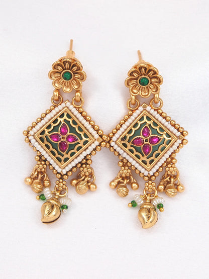 Ethnic Designer Gold Plated Black Bead Mangalsutra Set with Ruby & Emerald Coloured Stones