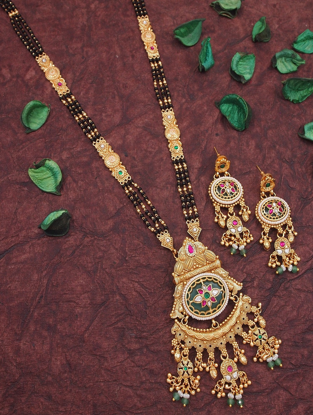Women Gold-Plated Temple Design Long Mangalsutra Set with Earrings