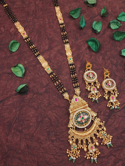 Women Gold-Plated Temple Design Long Mangalsutra Set with Earrings