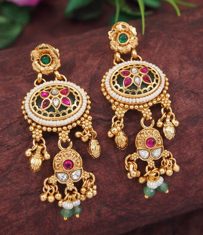 Women Gold-Plated Temple Design Long Mangalsutra Set with Earrings