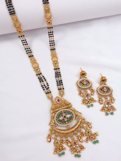 Women Gold-Plated Temple Design Long Mangalsutra Set with Earrings