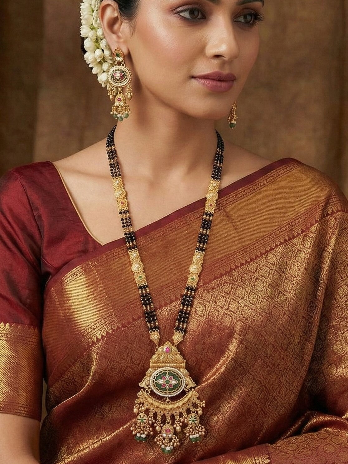 Women Gold-Plated Temple Design Long Mangalsutra Set with Earrings